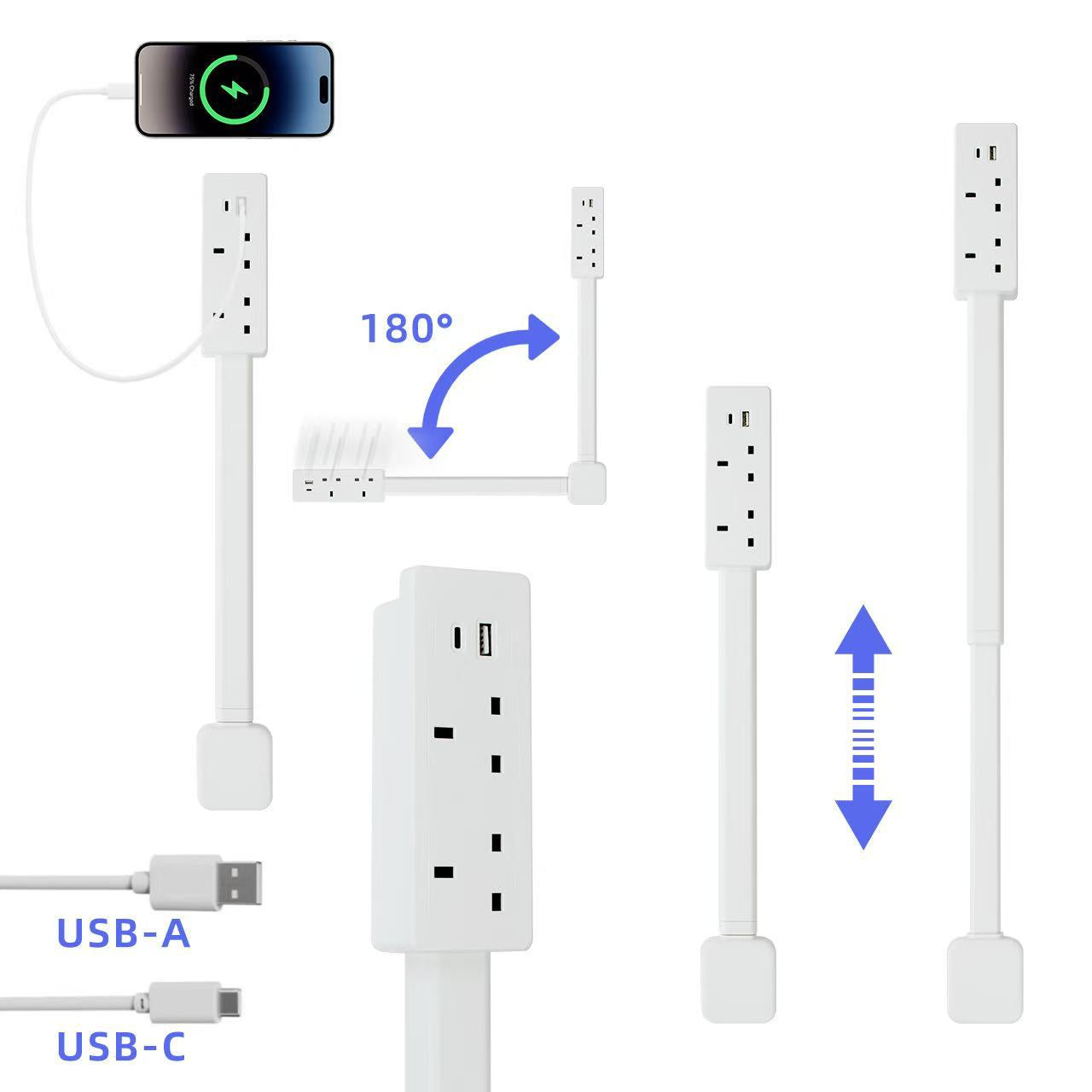 Extend the Socket in the Hidden Position US 2outlets and USB Ports Extends 44cm-70cm Rotates 180 Electrical Outlet Extender